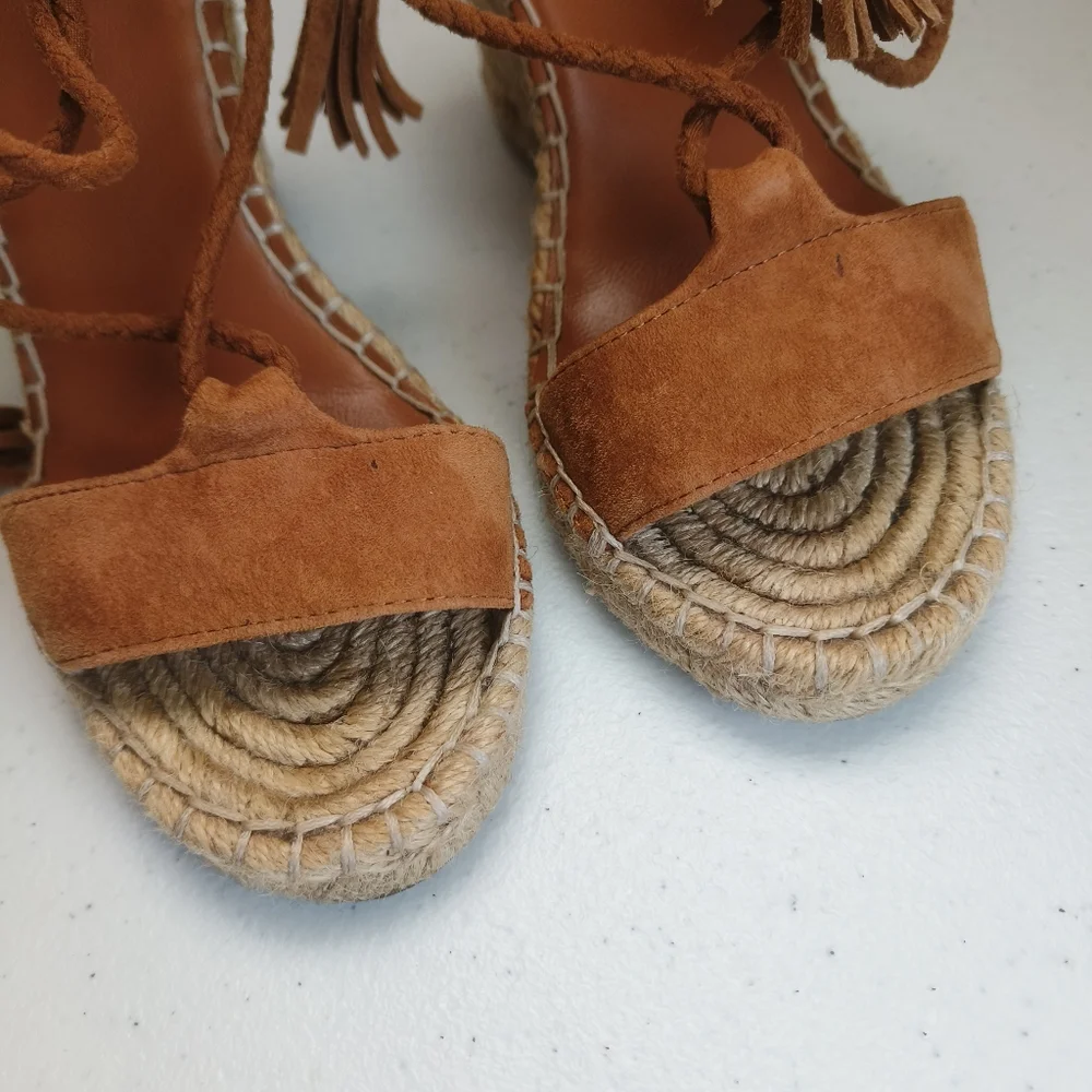 Joie light brown Phyllis suede leather wedge espadrille tie up sandals size 36 w